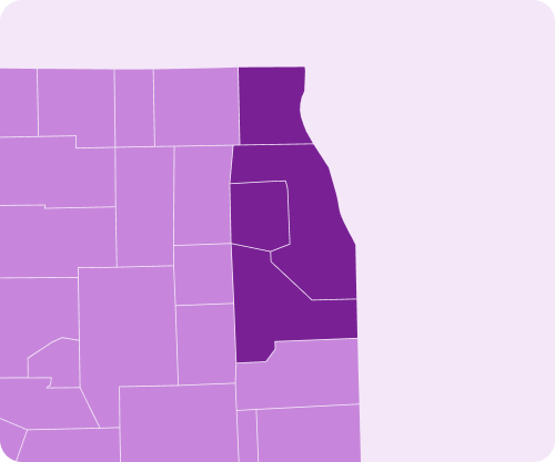Map of Illinois with highlighted service regions around Chicago.