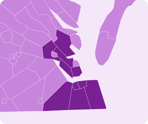Map of Virginia with highlighted service regions around Virginia Beach.
